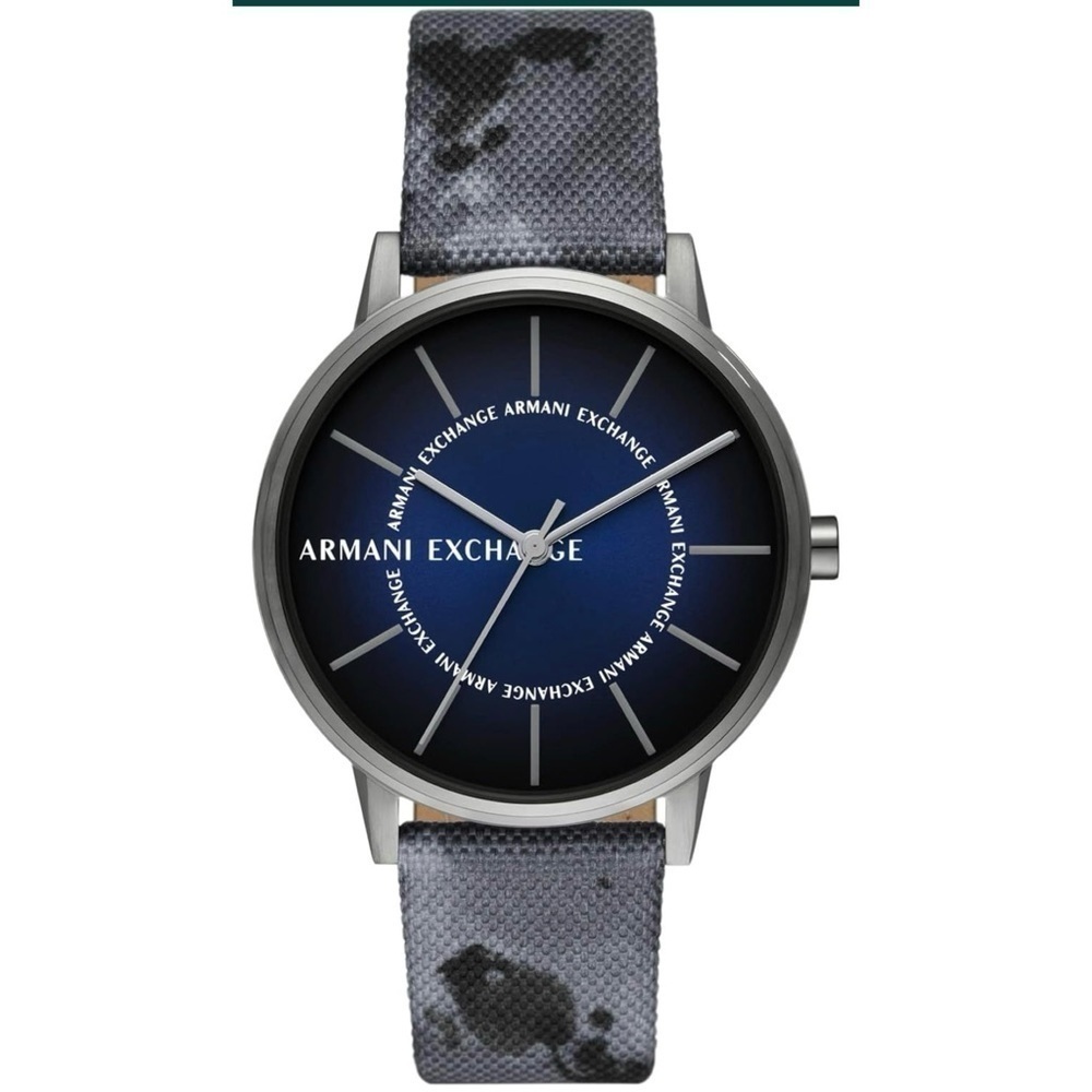 Armani Exchange Watch Stainless Steel Three Hand Blue Camo Mens NWT